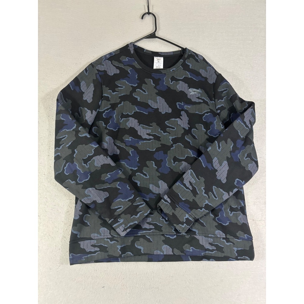 Reebok Mens XL Camouflage Crewneck Sweatshirt Blue Black Fleece Pullover Logo